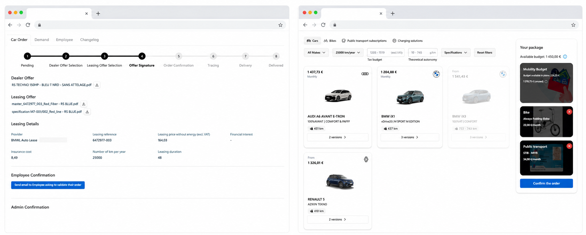 ALLRIDE ordering platform showing offer details and car configurator