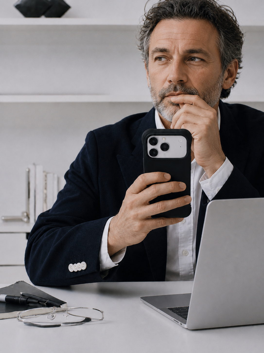 Professional reviewing mobility data on a smartphone at his desk